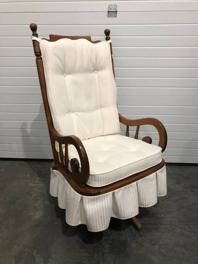 REDUCED!! Solid Wood Mid-Century High Back Rocking Chair with Cream-Colored  Cushions and Skirt – Creative Bargains