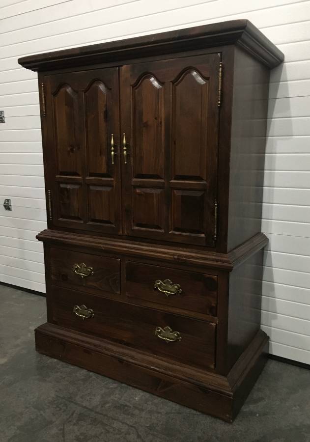 Dark Brown Solid Wood Ethan Allen Bedroom Armoire with Drawers and Divided Shelves, Dovetailed