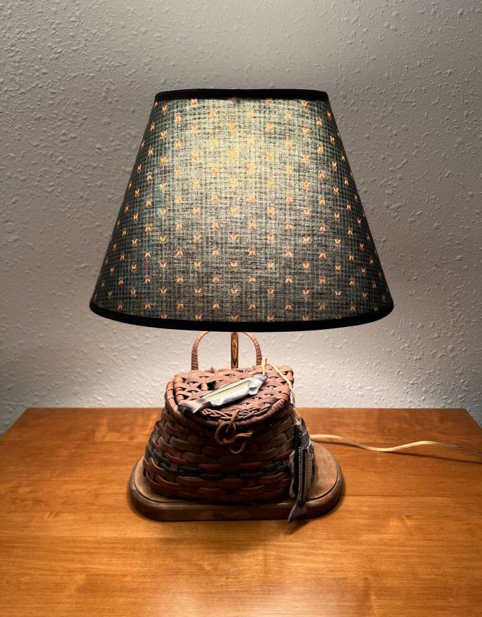 Unique Fishing Creel Table Lamp with 2 Fish and Forest Green Shade