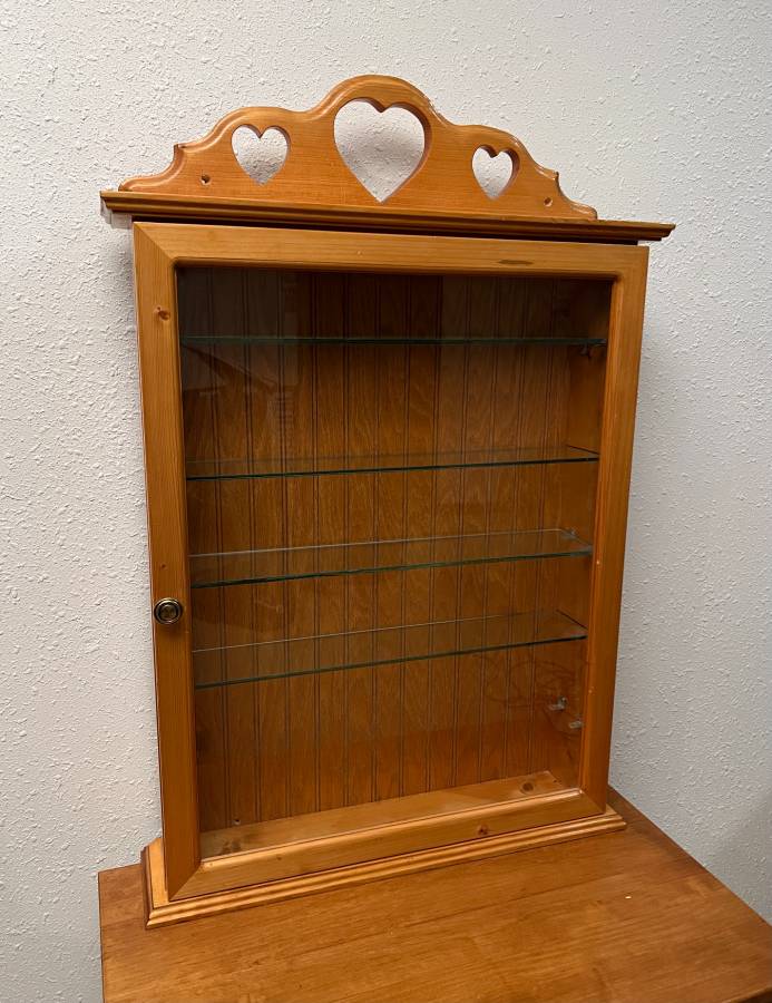Large Handcrafted Knotty Pine Wall Mounted Curio Cabinet With Carved Detail And Glass Shelves Creative Bargains
