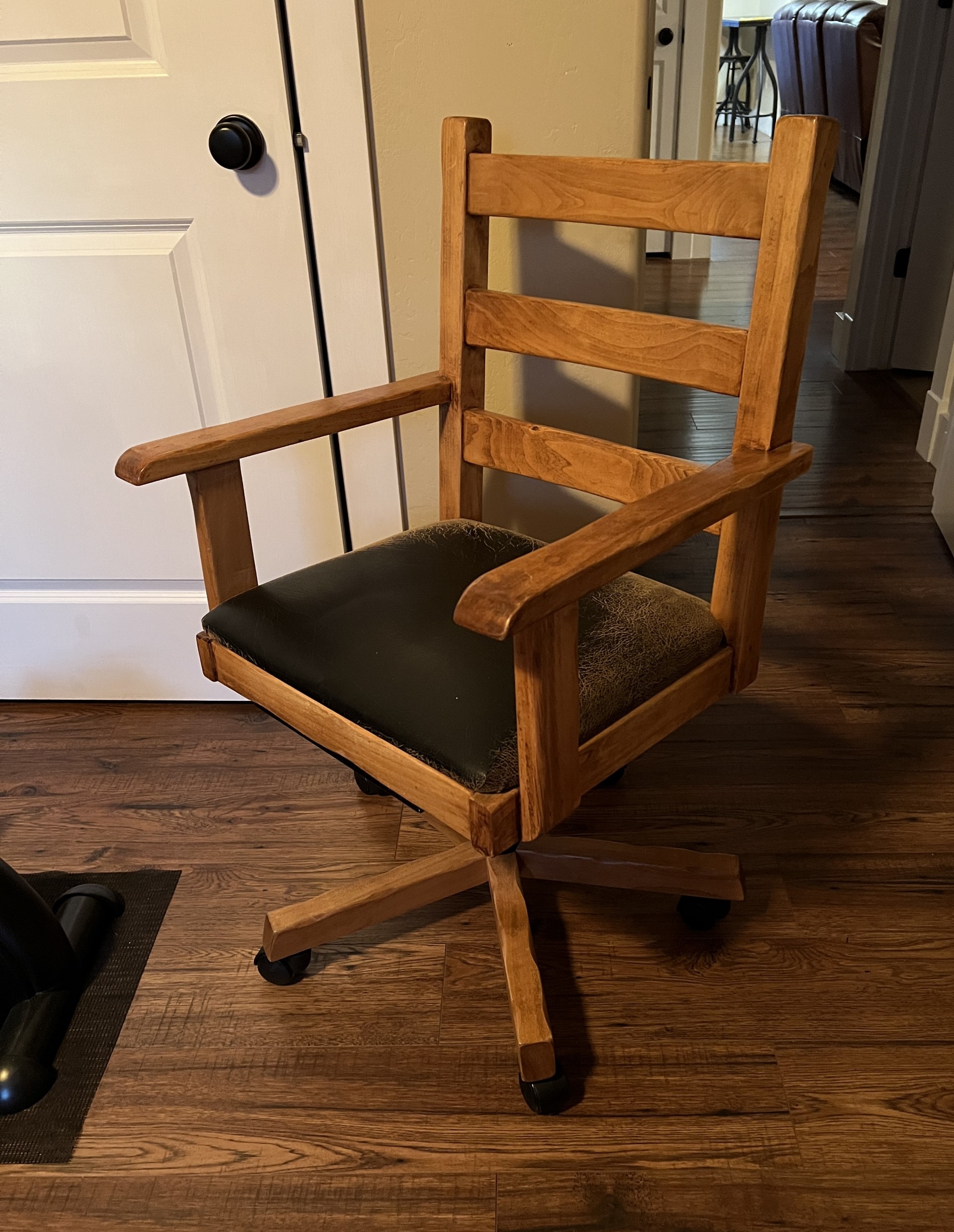 Rustic Solid Wood Swivel Office Chair With Black Leather Seat   Pkp 