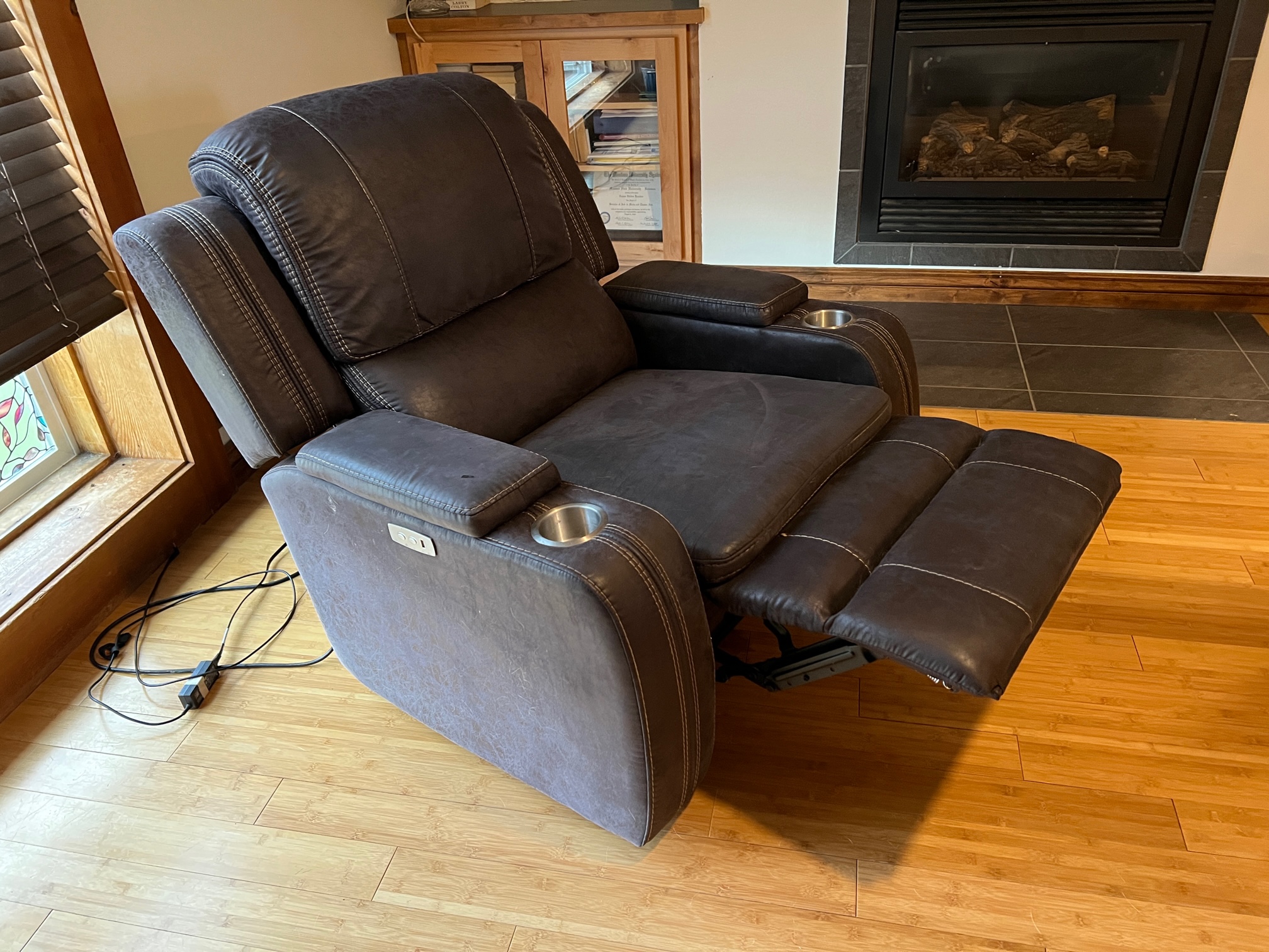 Charcoal Gray Faux Leather Powered Recliner with Cup Holders and USB