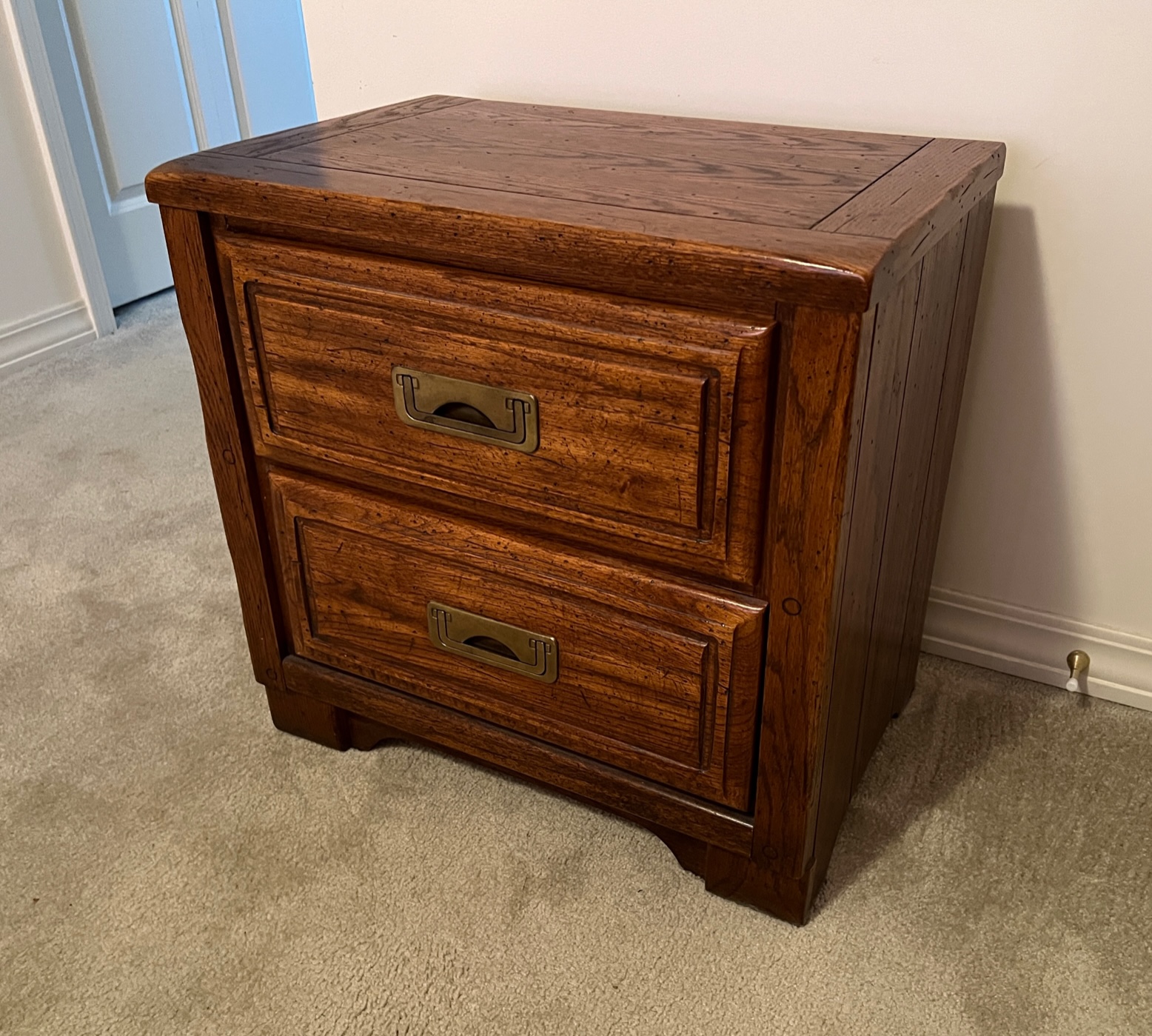 TwoDrawer Dark Solid Oak Young Hinkle Night Stand with Recessed Bronze