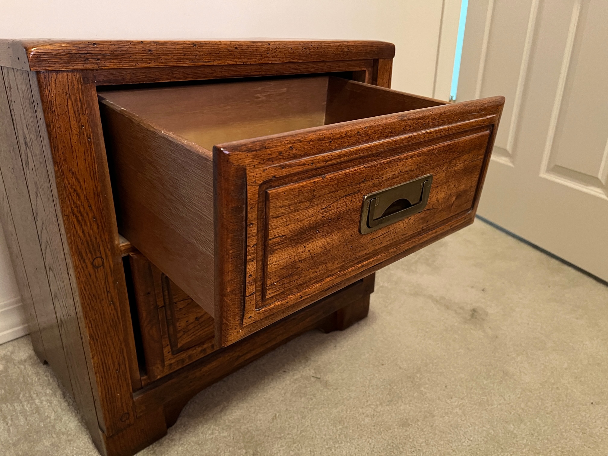 TwoDrawer Dark Solid Oak Young Hinkle Night Stand with Recessed Bronze