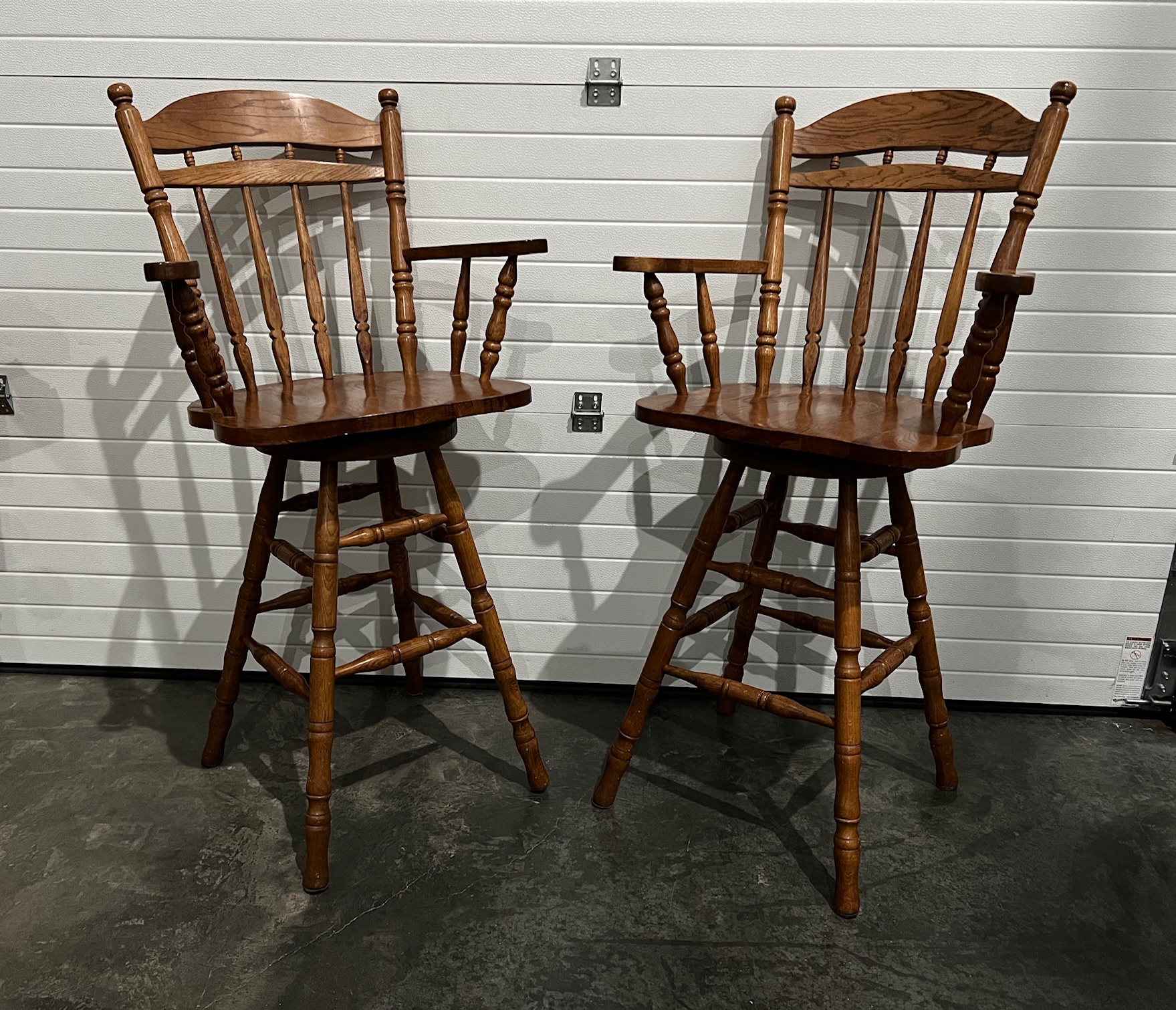 Brown Solid Oak Windsor Captain’s Bar Height Swivel Stools with Carved