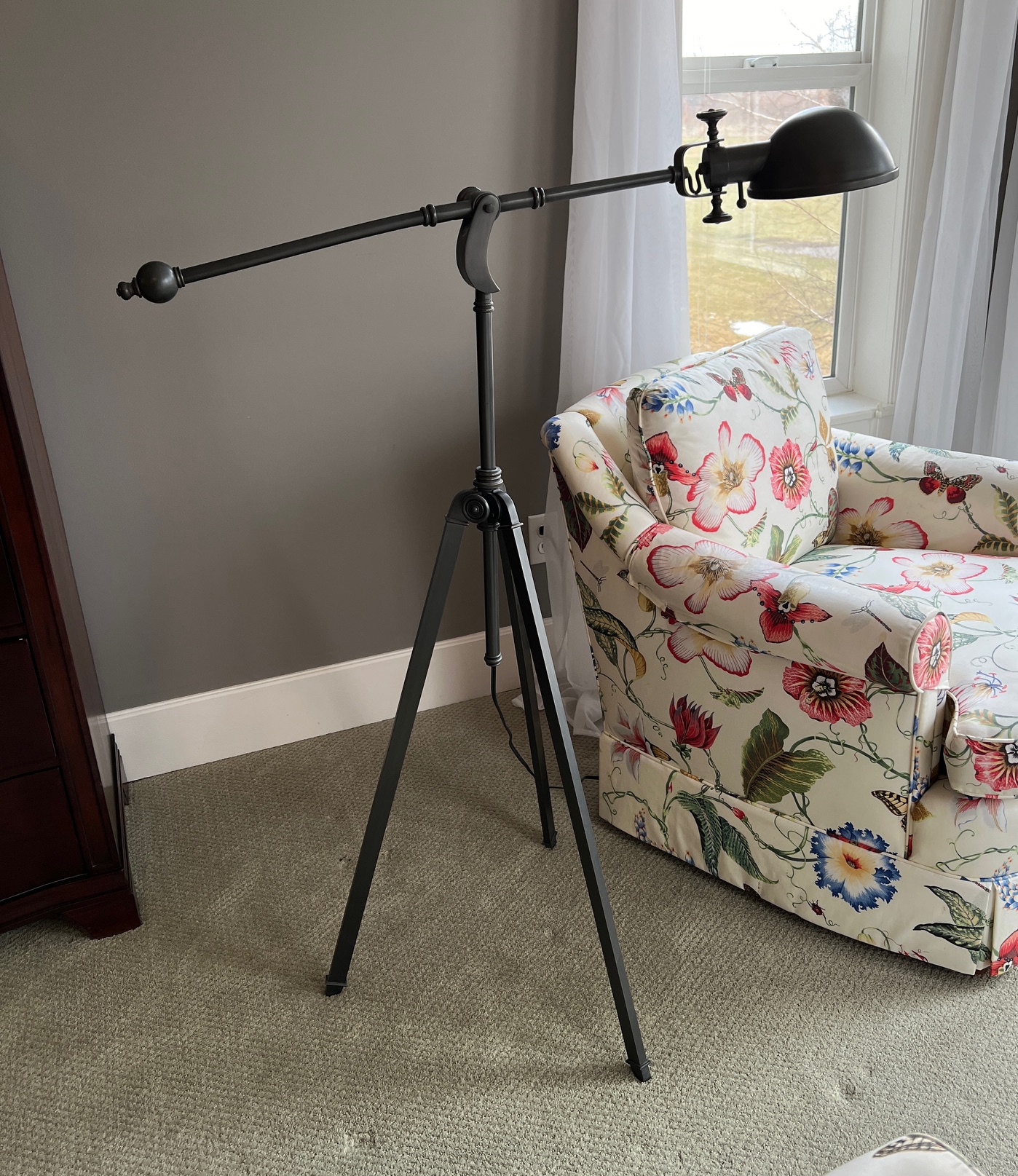 Gray Industrial Style Tripod Reading Floor Lamp with Long Swivel Arm